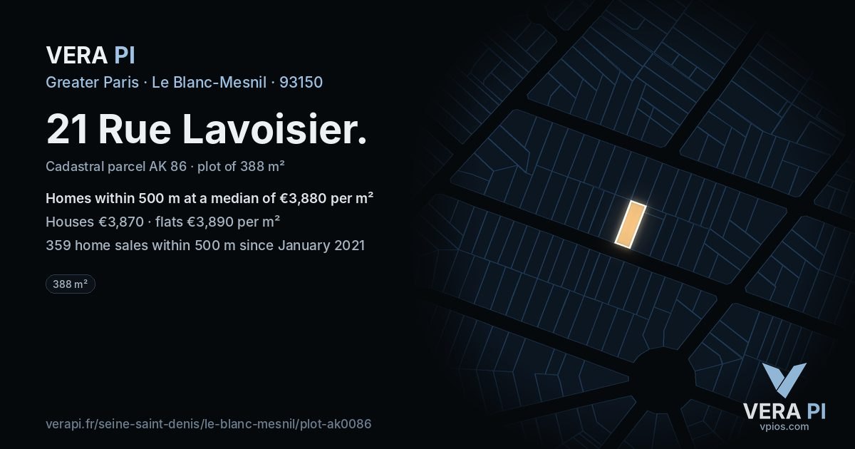 21 Rue Lavoisier, Le Blanc-Mesnil at night – the plot lit, the parcels around coloured by the prices near them