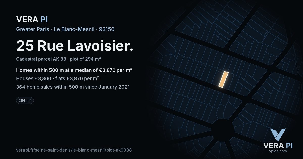25 Rue Lavoisier, Le Blanc-Mesnil at night – the plot lit, the parcels around coloured by the prices near them