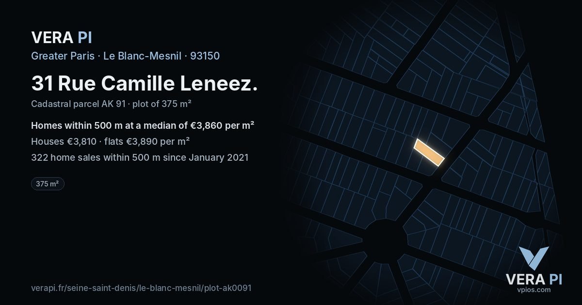 31 Rue Camille Leneez, Le Blanc-Mesnil at night – the plot lit, the parcels around coloured by the prices near them