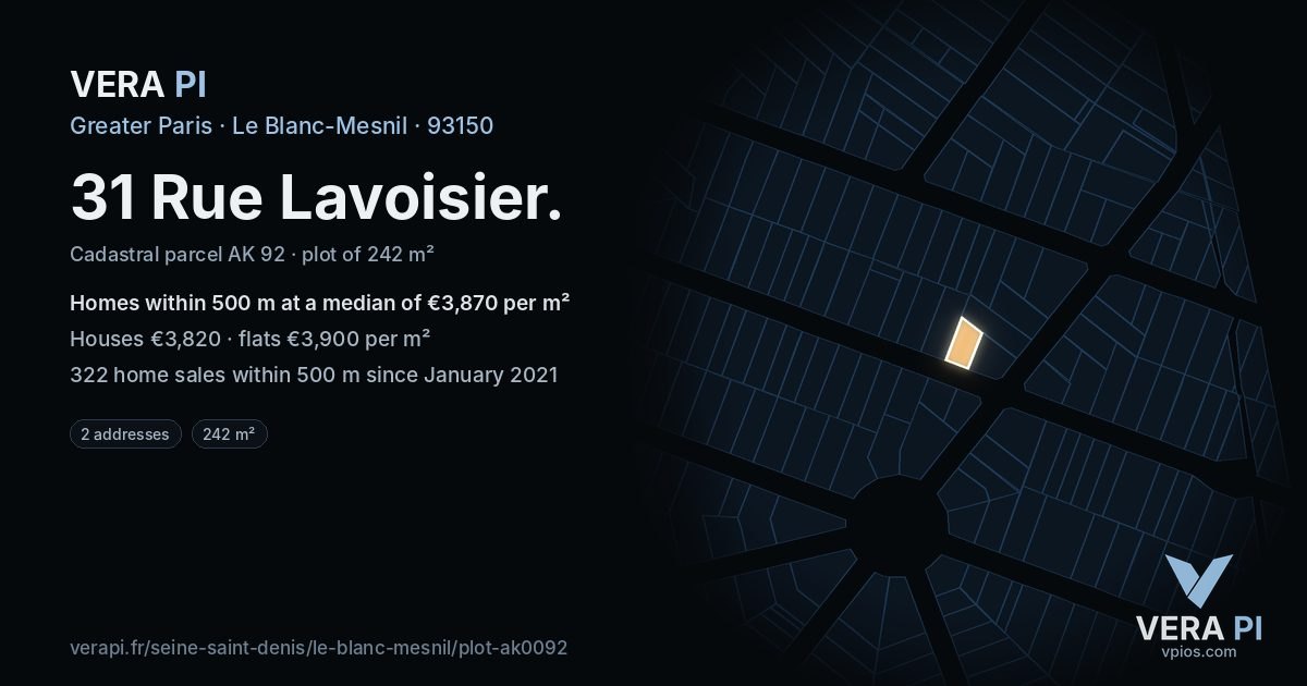 31 Rue Lavoisier, Le Blanc-Mesnil at night – the plot lit, the parcels around coloured by the prices near them