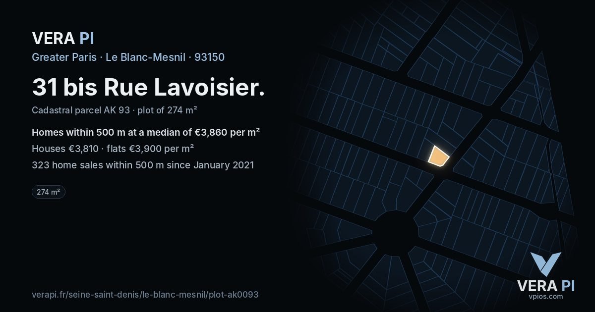 31 bis Rue Lavoisier, Le Blanc-Mesnil at night – the plot lit, the parcels around coloured by the prices near them