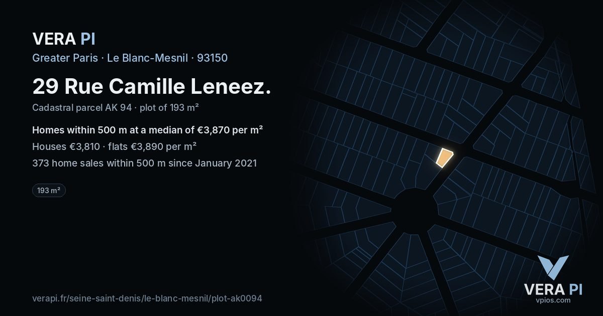 29 Rue Camille Leneez, Le Blanc-Mesnil at night – the plot lit, the parcels around coloured by the prices near them