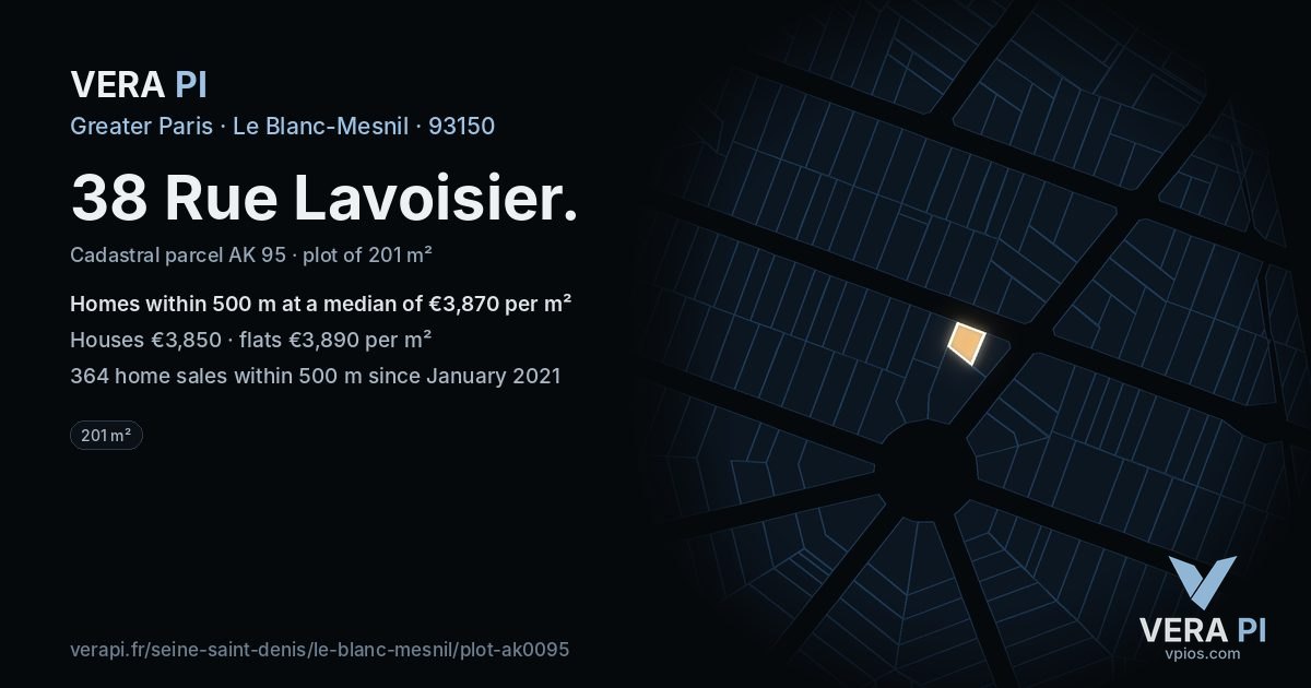 38 Rue Lavoisier, Le Blanc-Mesnil at night – the plot lit, the parcels around coloured by the prices near them