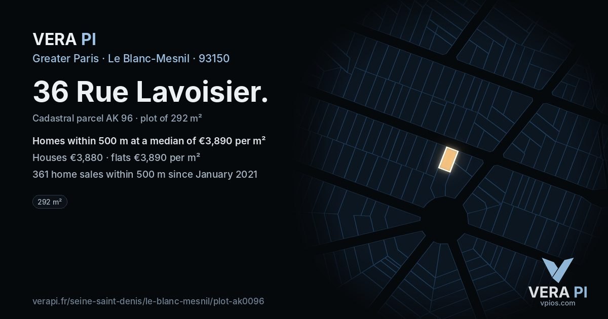 36 Rue Lavoisier, Le Blanc-Mesnil at night – the plot lit, the parcels around coloured by the prices near them