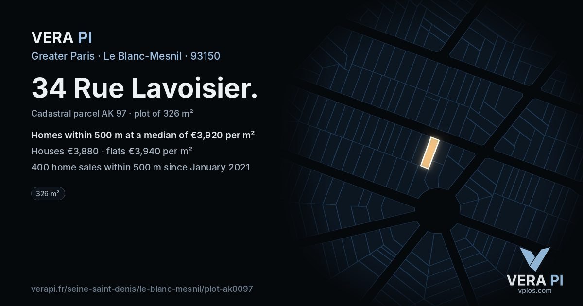 34 Rue Lavoisier, Le Blanc-Mesnil at night – the plot lit, the parcels around coloured by the prices near them