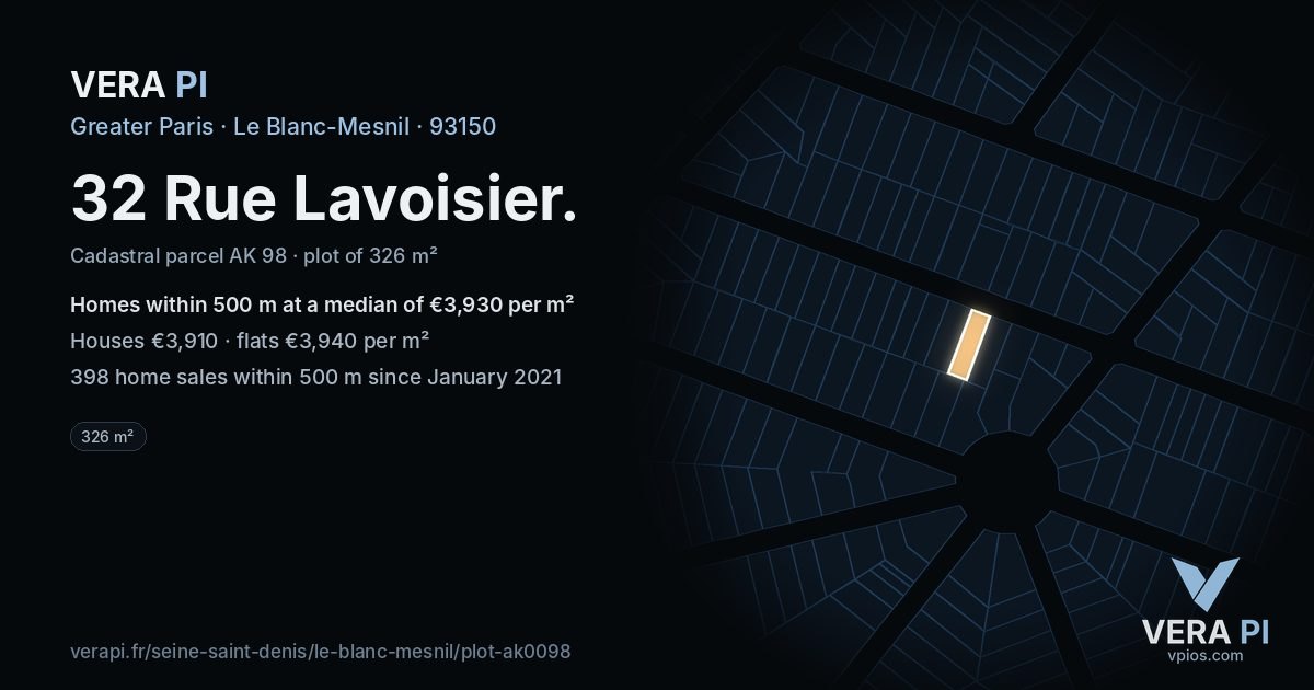 32 Rue Lavoisier, Le Blanc-Mesnil at night – the plot lit, the parcels around coloured by the prices near them
