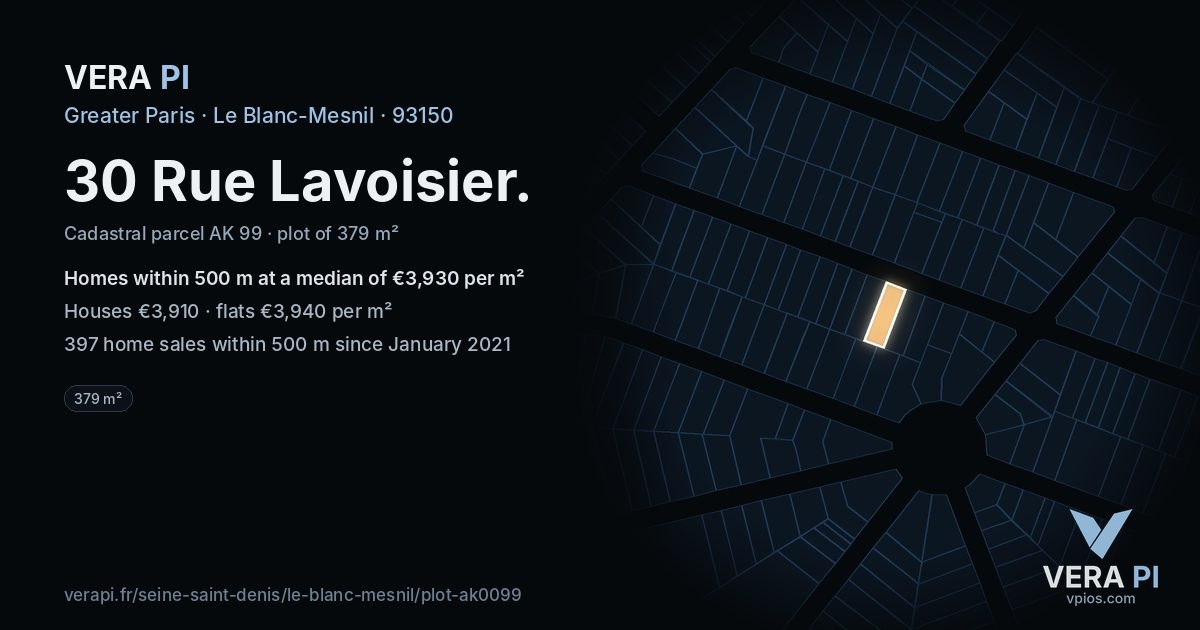 30 Rue Lavoisier, Le Blanc-Mesnil at night – the plot lit, the parcels around coloured by the prices near them