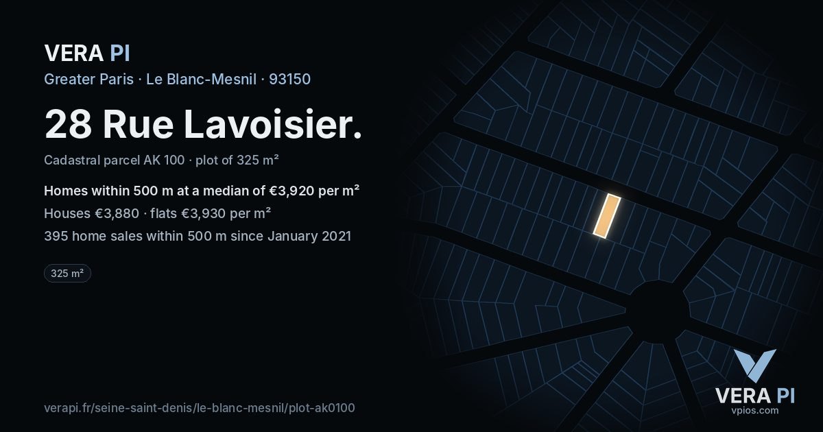 28 Rue Lavoisier, Le Blanc-Mesnil at night – the plot lit, the parcels around coloured by the prices near them