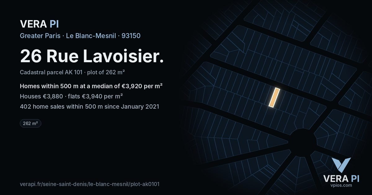 26 Rue Lavoisier, Le Blanc-Mesnil at night – the plot lit, the parcels around coloured by the prices near them