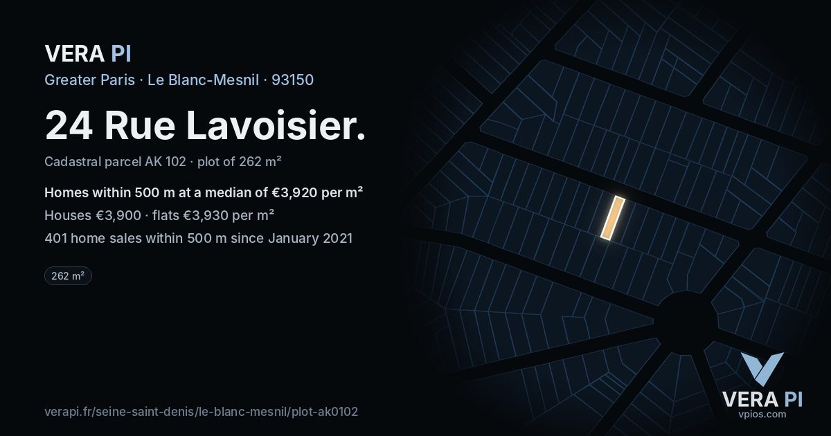 24 Rue Lavoisier, Le Blanc-Mesnil at night – the plot lit, the parcels around coloured by the prices near them