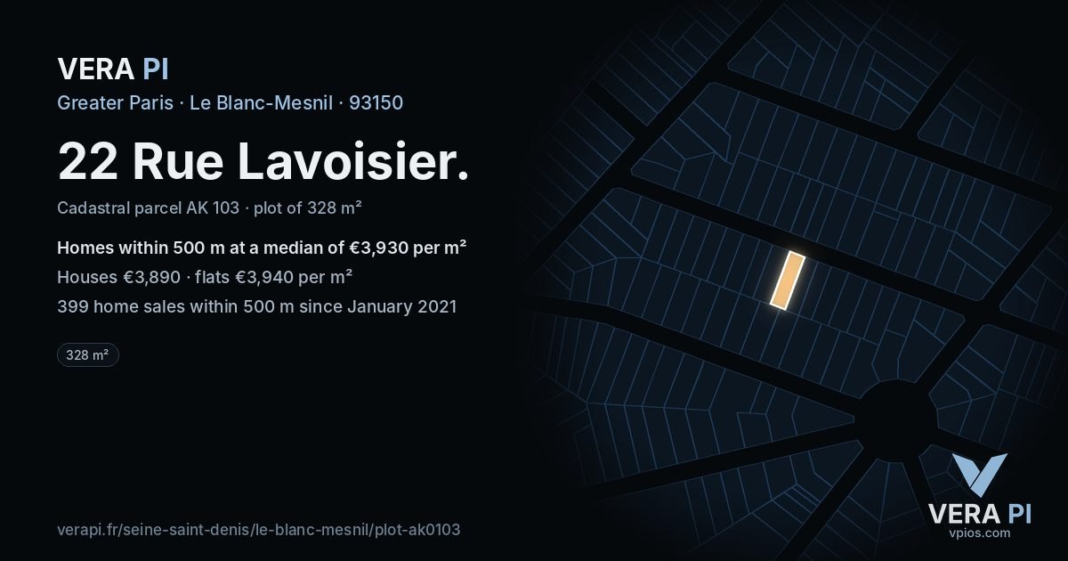 22 Rue Lavoisier, Le Blanc-Mesnil at night – the plot lit, the parcels around coloured by the prices near them