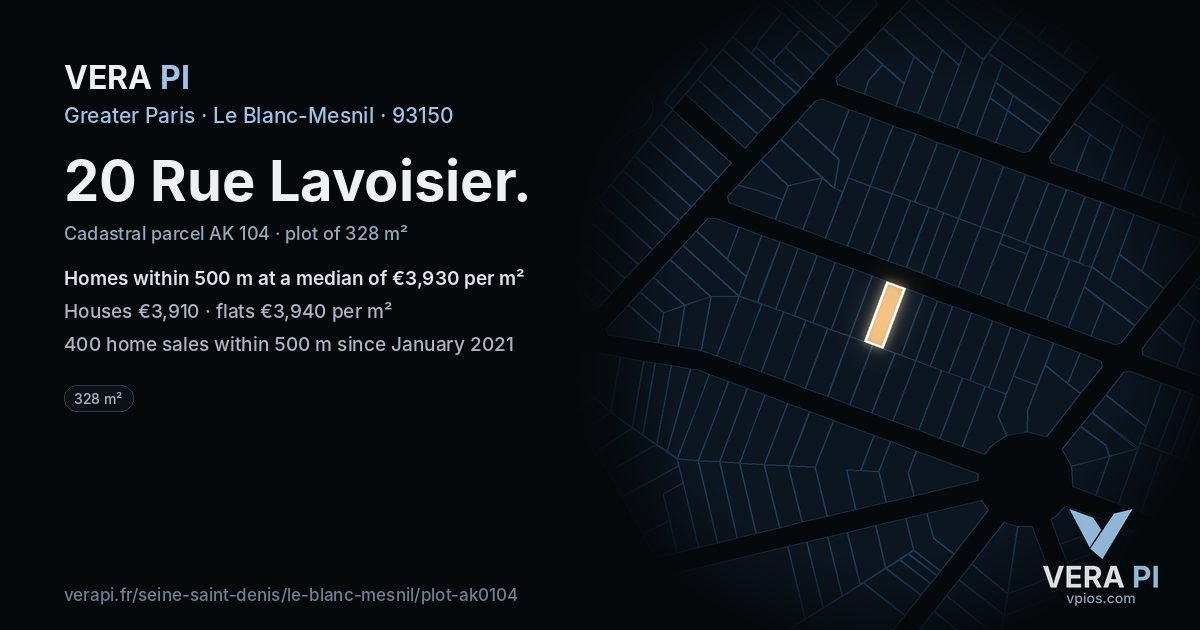 20 Rue Lavoisier, Le Blanc-Mesnil at night – the plot lit, the parcels around coloured by the prices near them