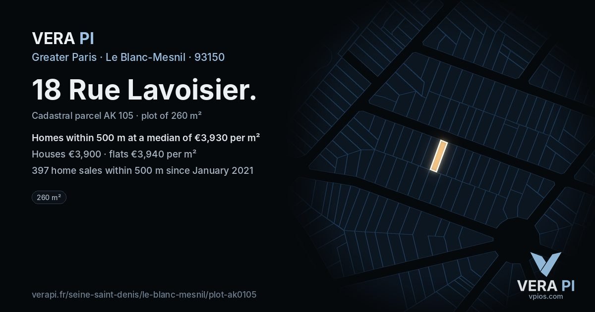 18 Rue Lavoisier, Le Blanc-Mesnil at night – the plot lit, the parcels around coloured by the prices near them