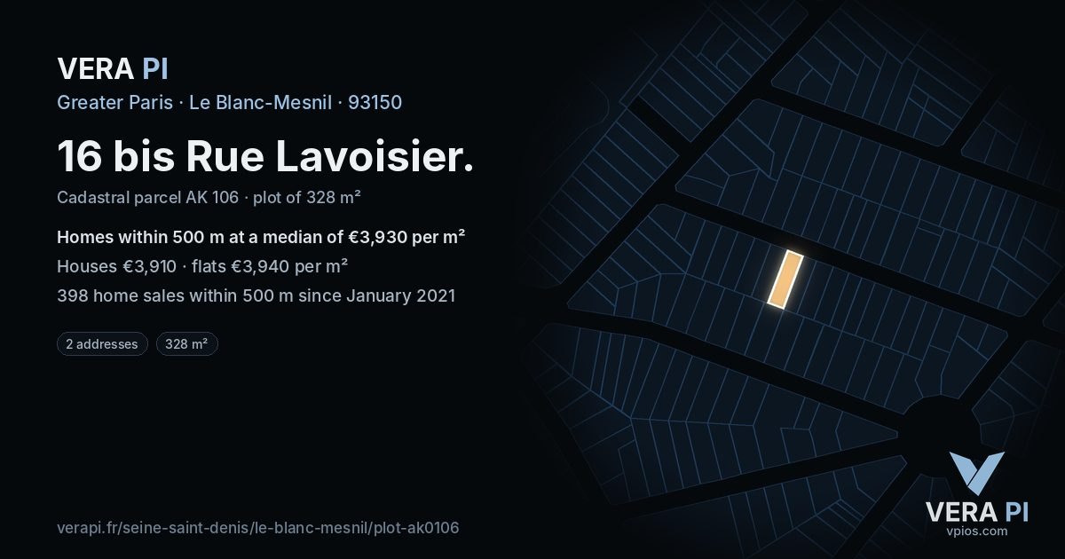16 bis Rue Lavoisier, Le Blanc-Mesnil at night – the plot lit, the parcels around coloured by the prices near them