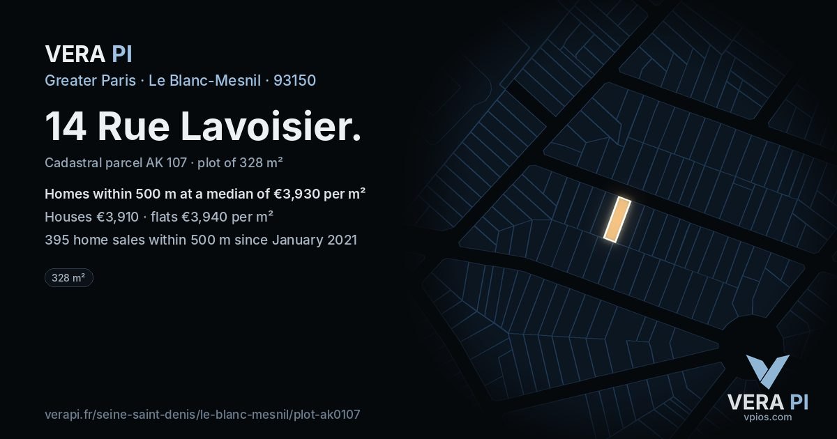 14 Rue Lavoisier, Le Blanc-Mesnil at night – the plot lit, the parcels around coloured by the prices near them