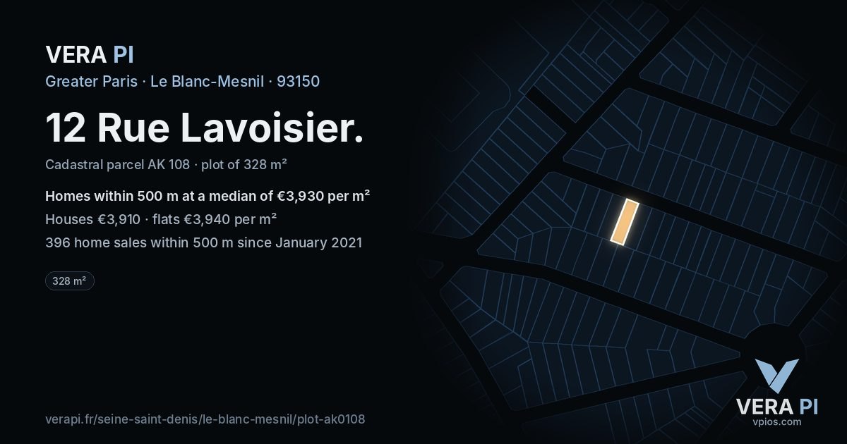 12 Rue Lavoisier, Le Blanc-Mesnil at night – the plot lit, the parcels around coloured by the prices near them