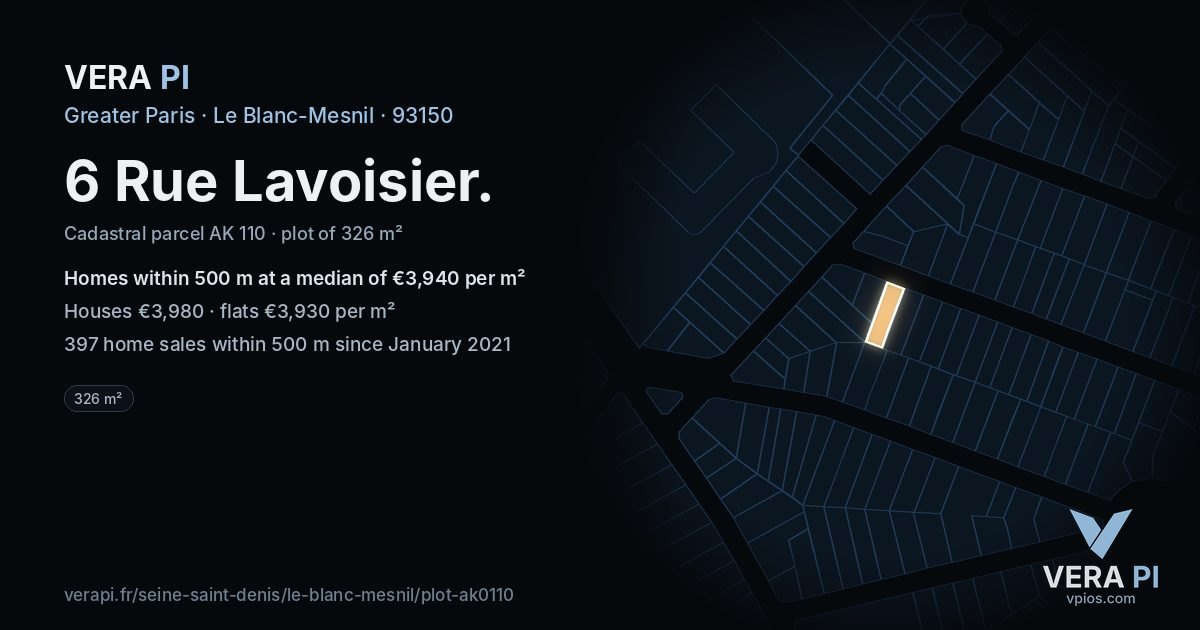6 Rue Lavoisier, Le Blanc-Mesnil at night – the plot lit, the parcels around coloured by the prices near them