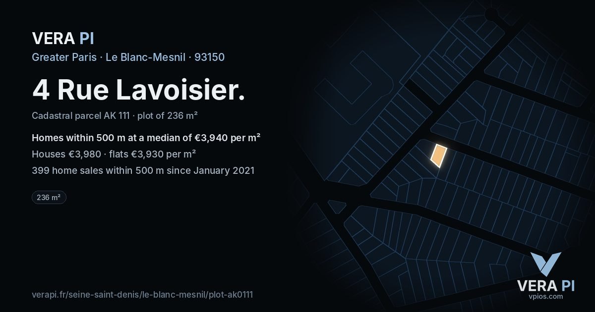 4 Rue Lavoisier, Le Blanc-Mesnil at night – the plot lit, the parcels around coloured by the prices near them