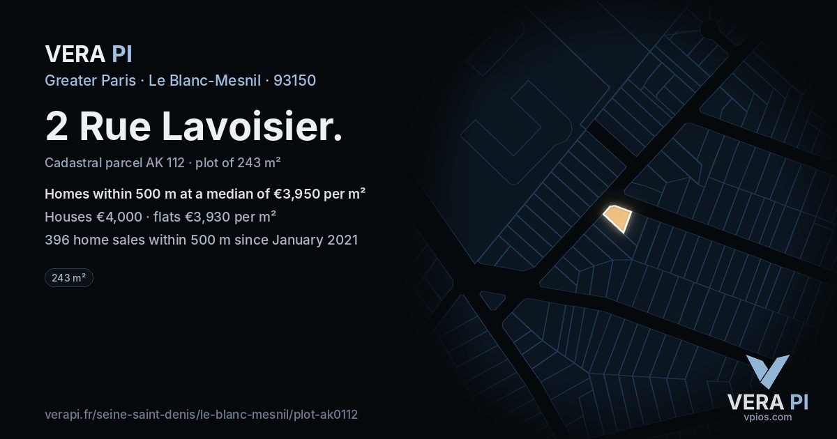2 Rue Lavoisier, Le Blanc-Mesnil at night – the plot lit, the parcels around coloured by the prices near them