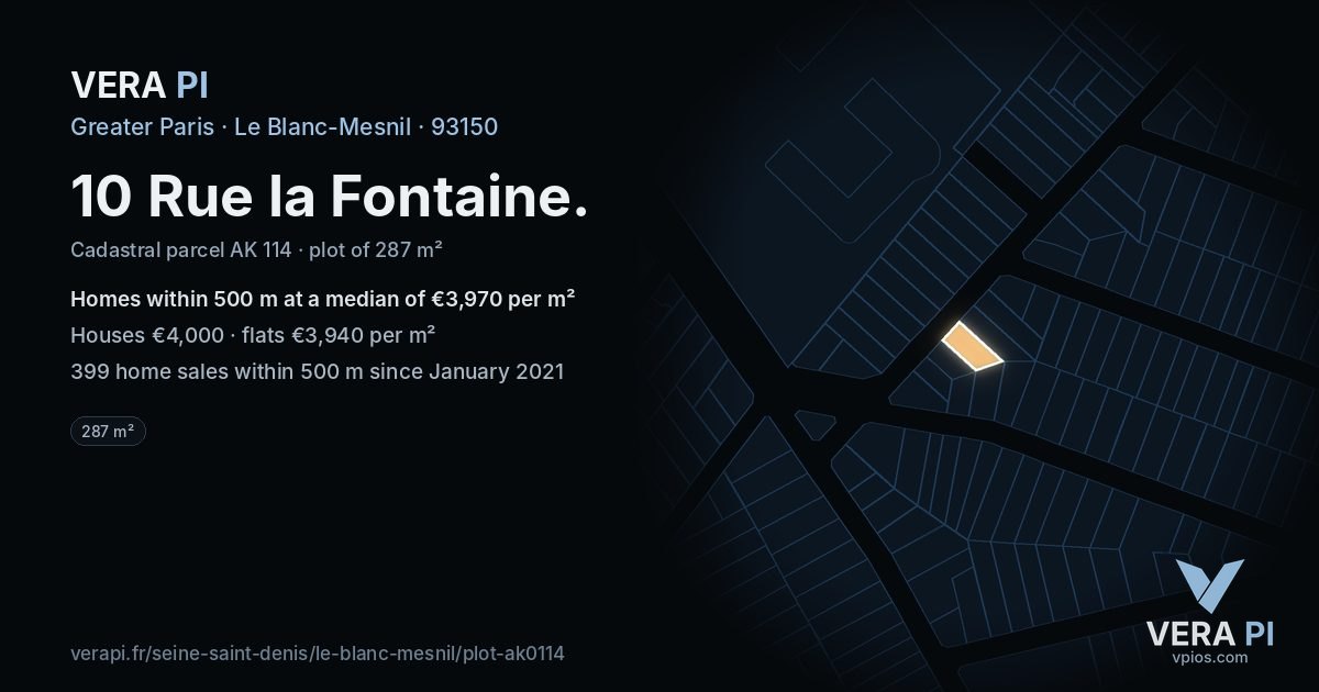 10 Rue la Fontaine, Le Blanc-Mesnil at night – the plot lit, the parcels around coloured by the prices near them