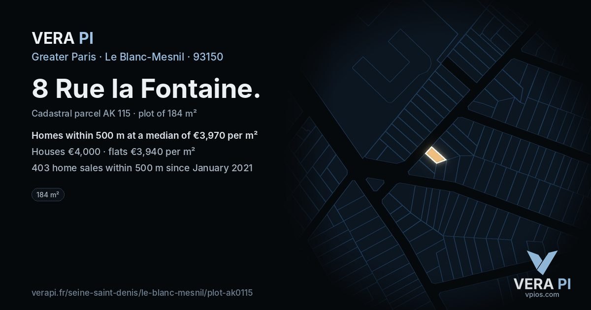 8 Rue la Fontaine, Le Blanc-Mesnil at night – the plot lit, the parcels around coloured by the prices near them