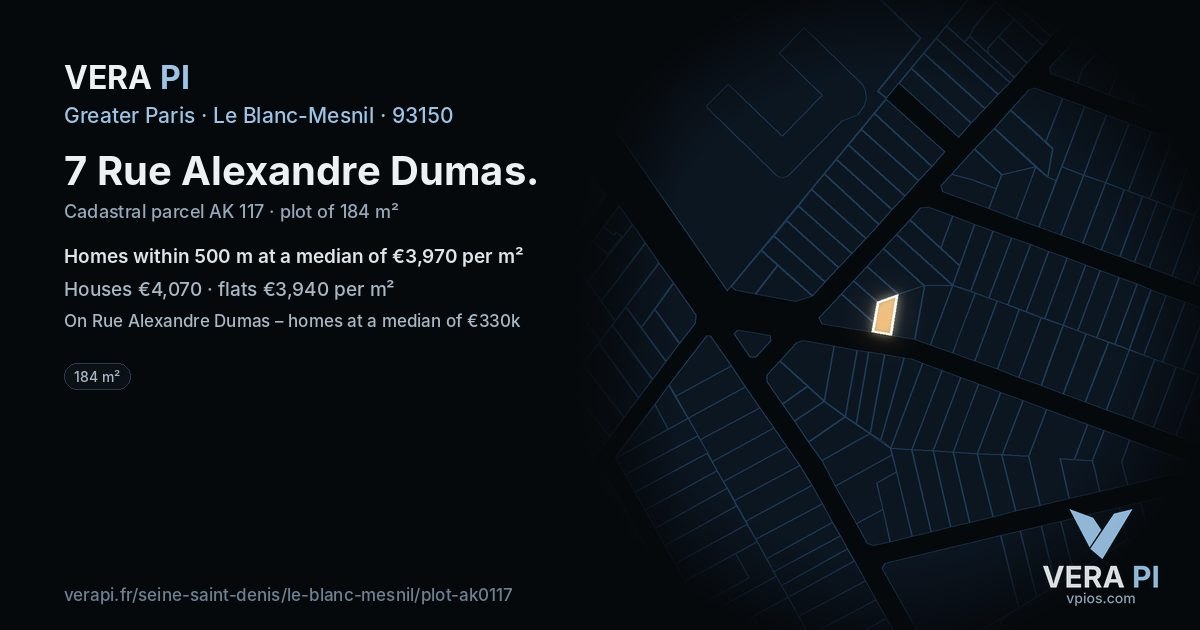 7 Rue Alexandre Dumas, Le Blanc-Mesnil at night – the plot lit, the parcels around coloured by the prices near them