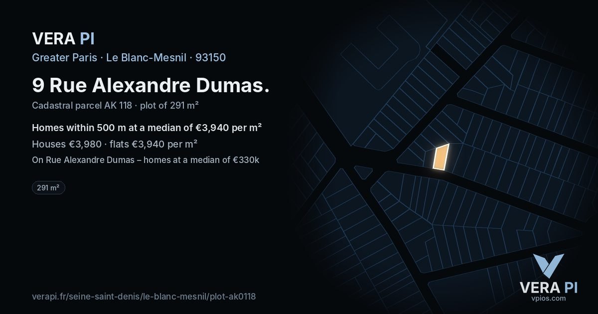 9 Rue Alexandre Dumas, Le Blanc-Mesnil at night – the plot lit, the parcels around coloured by the prices near them