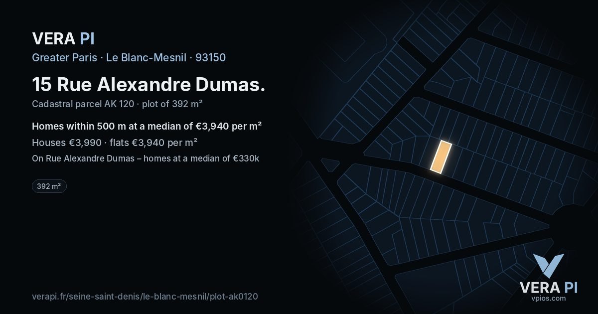 15 Rue Alexandre Dumas, Le Blanc-Mesnil at night – the plot lit, the parcels around coloured by the prices near them
