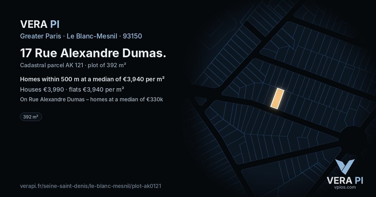 17 Rue Alexandre Dumas, Le Blanc-Mesnil at night – the plot lit, the parcels around coloured by the prices near them