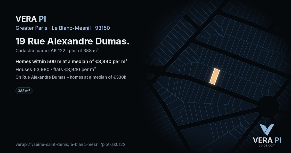 19 Rue Alexandre Dumas, Le Blanc-Mesnil at night – the plot lit, the parcels around coloured by the prices near them
