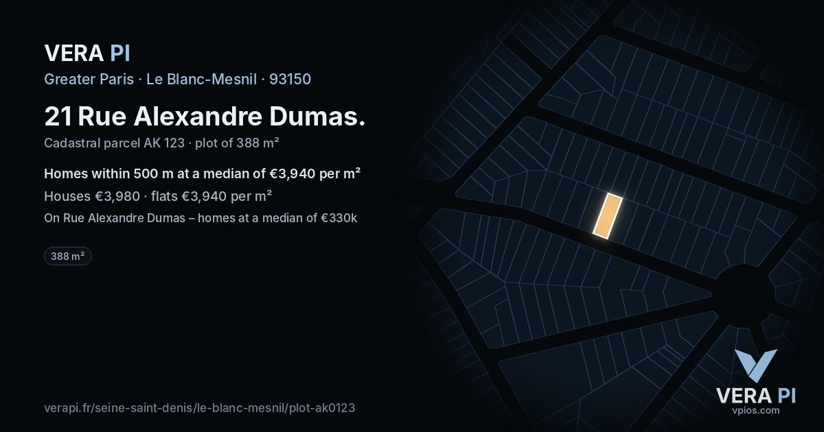 21 Rue Alexandre Dumas, Le Blanc-Mesnil at night – the plot lit, the parcels around coloured by the prices near them