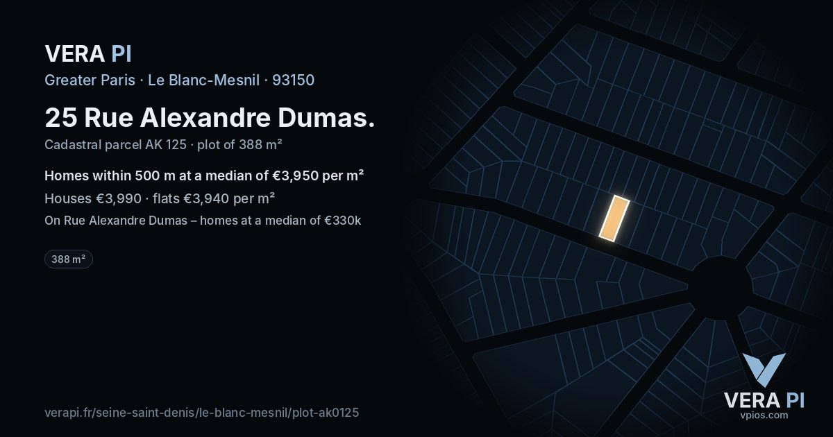 25 Rue Alexandre Dumas, Le Blanc-Mesnil at night – the plot lit, the parcels around coloured by the prices near them
