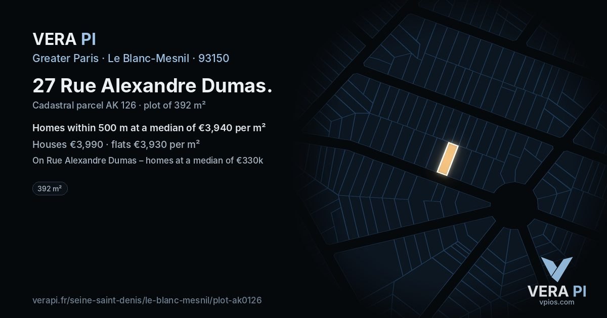 27 Rue Alexandre Dumas, Le Blanc-Mesnil at night – the plot lit, the parcels around coloured by the prices near them