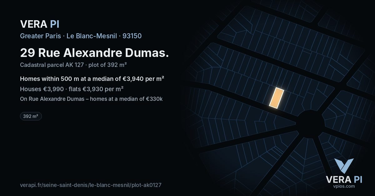 29 Rue Alexandre Dumas, Le Blanc-Mesnil at night – the plot lit, the parcels around coloured by the prices near them