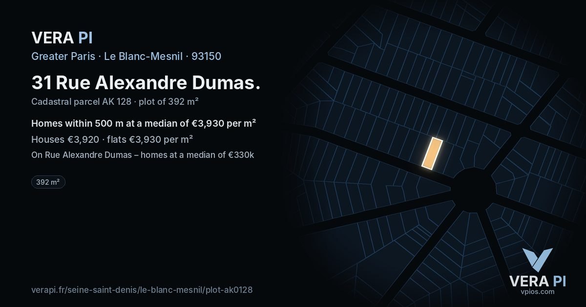 31 Rue Alexandre Dumas, Le Blanc-Mesnil at night – the plot lit, the parcels around coloured by the prices near them