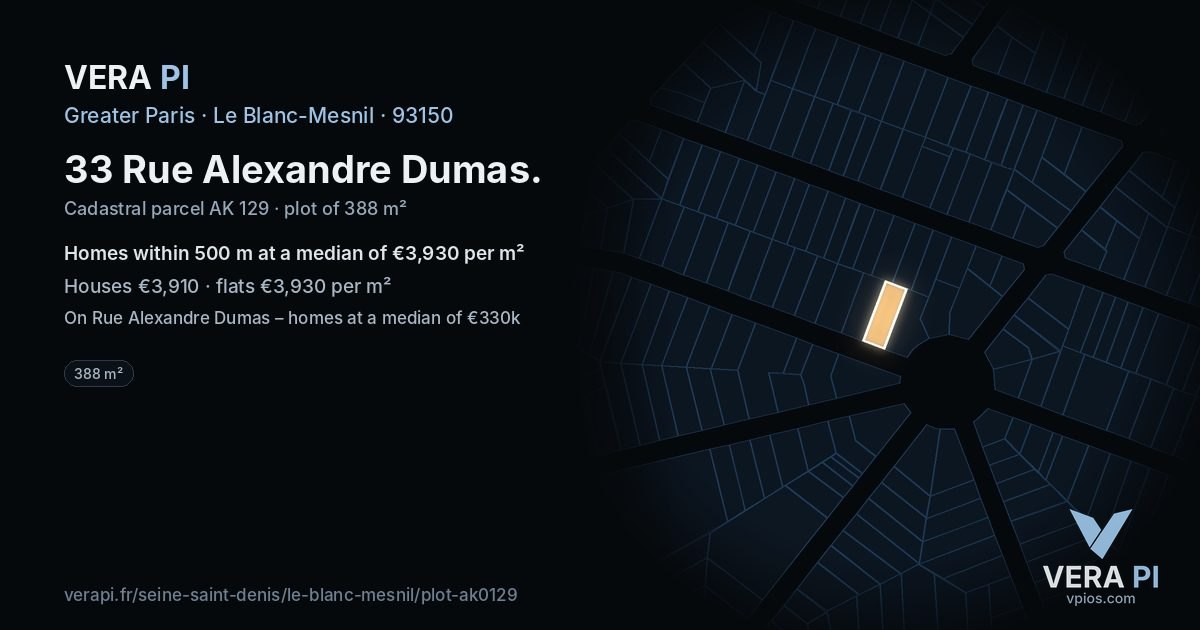 33 Rue Alexandre Dumas, Le Blanc-Mesnil at night – the plot lit, the parcels around coloured by the prices near them