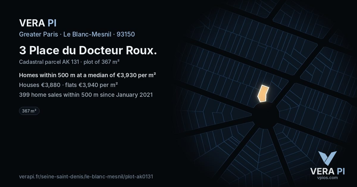 3 Place du Docteur Roux, Le Blanc-Mesnil at night – the plot lit, the parcels around coloured by the prices near them