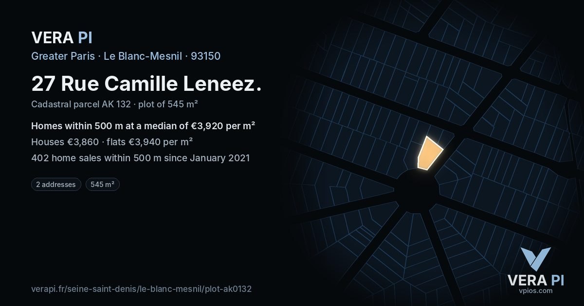 27 Rue Camille Leneez, Le Blanc-Mesnil at night – the plot lit, the parcels around coloured by the prices near them