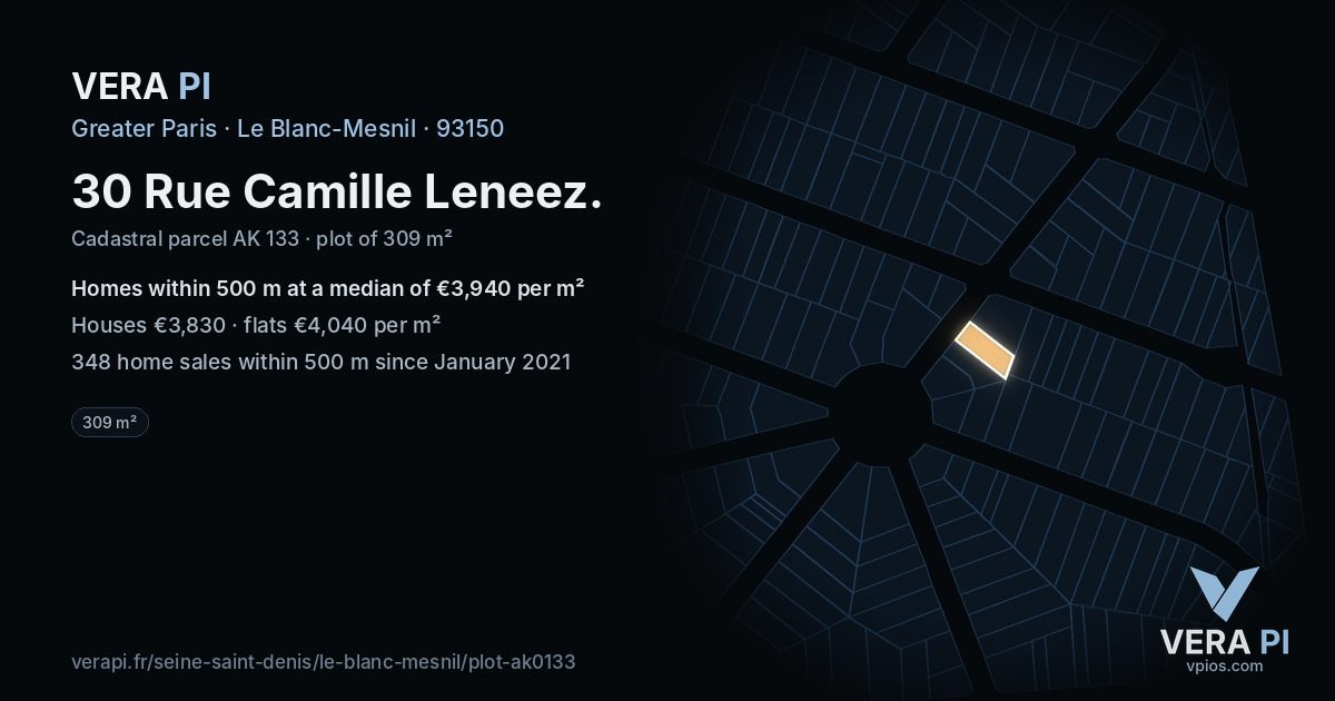 30 Rue Camille Leneez, Le Blanc-Mesnil at night – the plot lit, the parcels around coloured by the prices near them