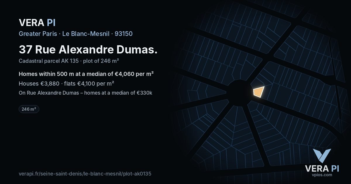 37 Rue Alexandre Dumas, Le Blanc-Mesnil at night – the plot lit, the parcels around coloured by the prices near them