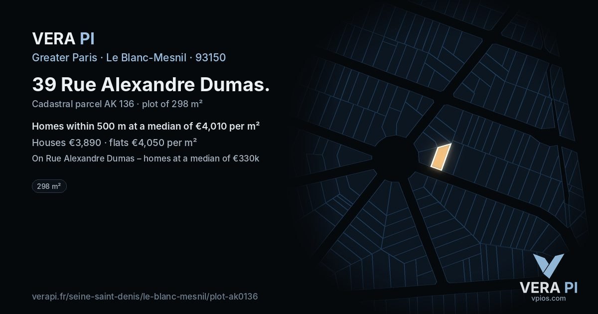 39 Rue Alexandre Dumas, Le Blanc-Mesnil at night – the plot lit, the parcels around coloured by the prices near them