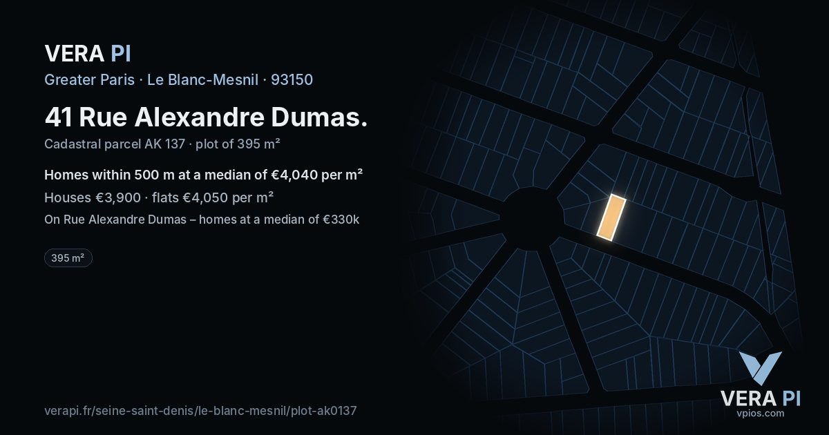 41 Rue Alexandre Dumas, Le Blanc-Mesnil at night – the plot lit, the parcels around coloured by the prices near them