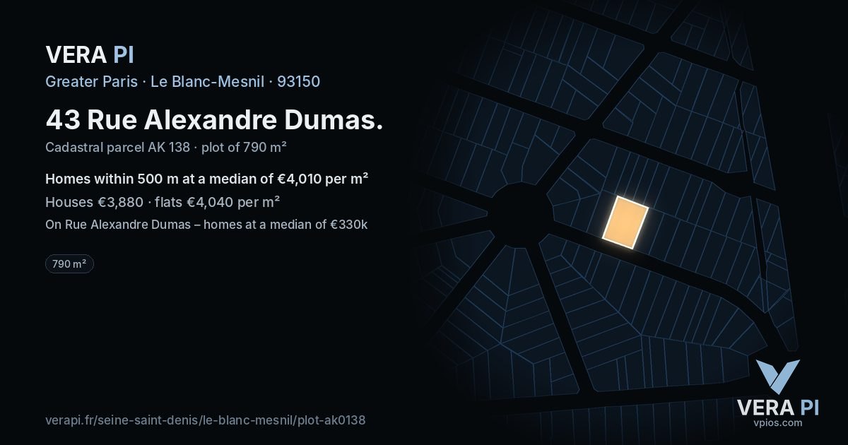43 Rue Alexandre Dumas, Le Blanc-Mesnil at night – the plot lit, the parcels around coloured by the prices near them