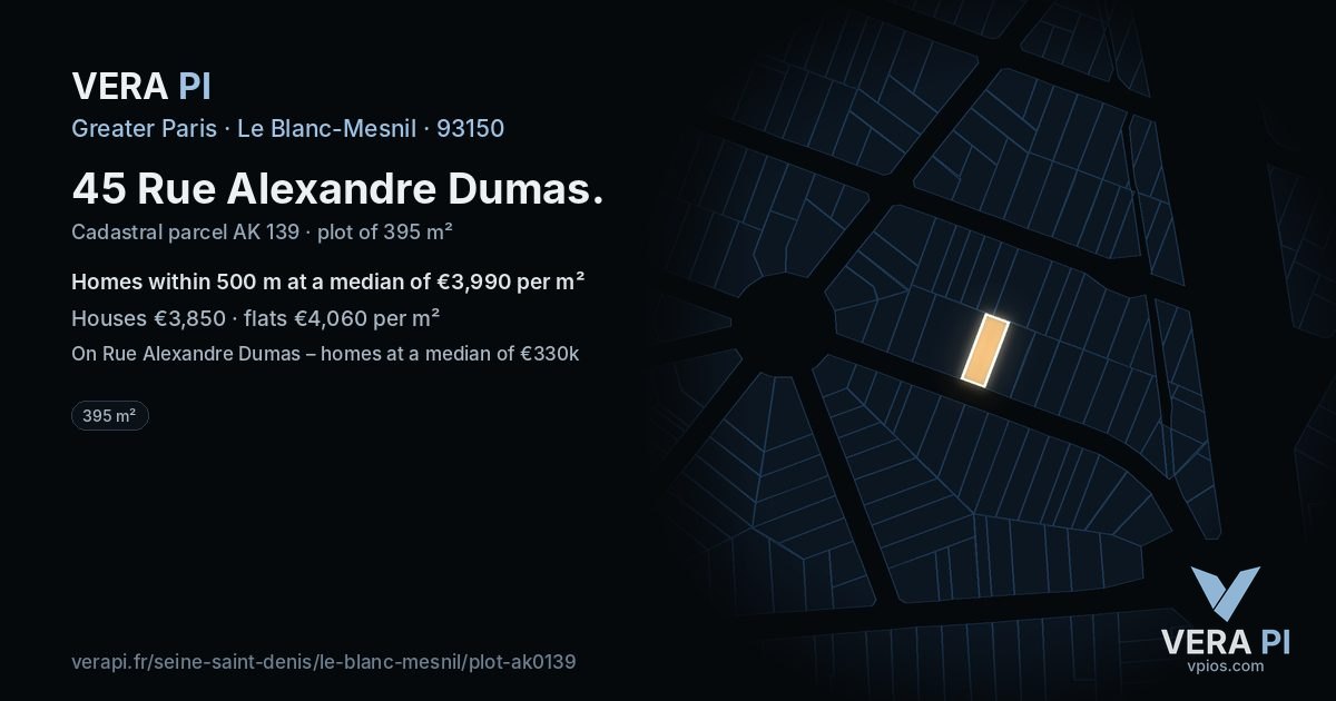 45 Rue Alexandre Dumas, Le Blanc-Mesnil at night – the plot lit, the parcels around coloured by the prices near them