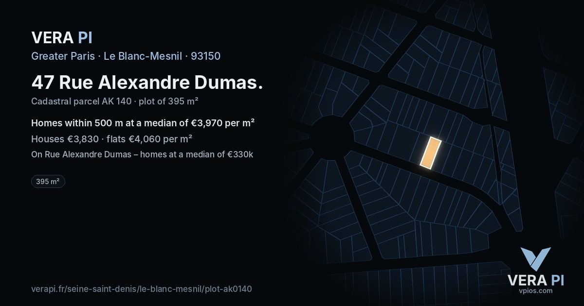 47 Rue Alexandre Dumas, Le Blanc-Mesnil at night – the plot lit, the parcels around coloured by the prices near them
