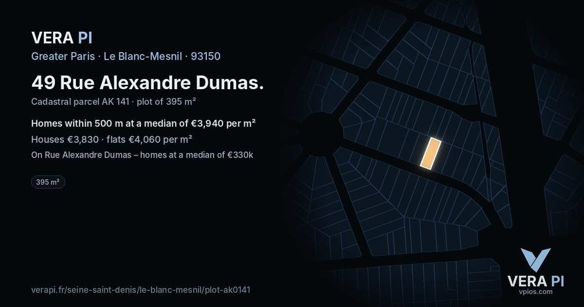 49 Rue Alexandre Dumas, Le Blanc-Mesnil at night – the plot lit, the parcels around coloured by the prices near them
