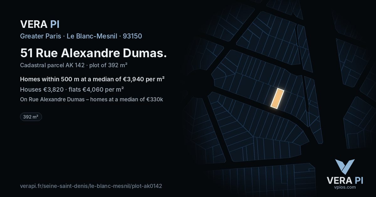 51 Rue Alexandre Dumas, Le Blanc-Mesnil at night – the plot lit, the parcels around coloured by the prices near them
