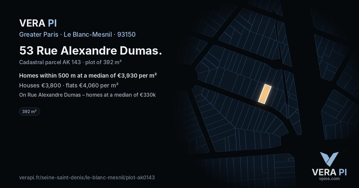 53 Rue Alexandre Dumas, Le Blanc-Mesnil at night – the plot lit, the parcels around coloured by the prices near them