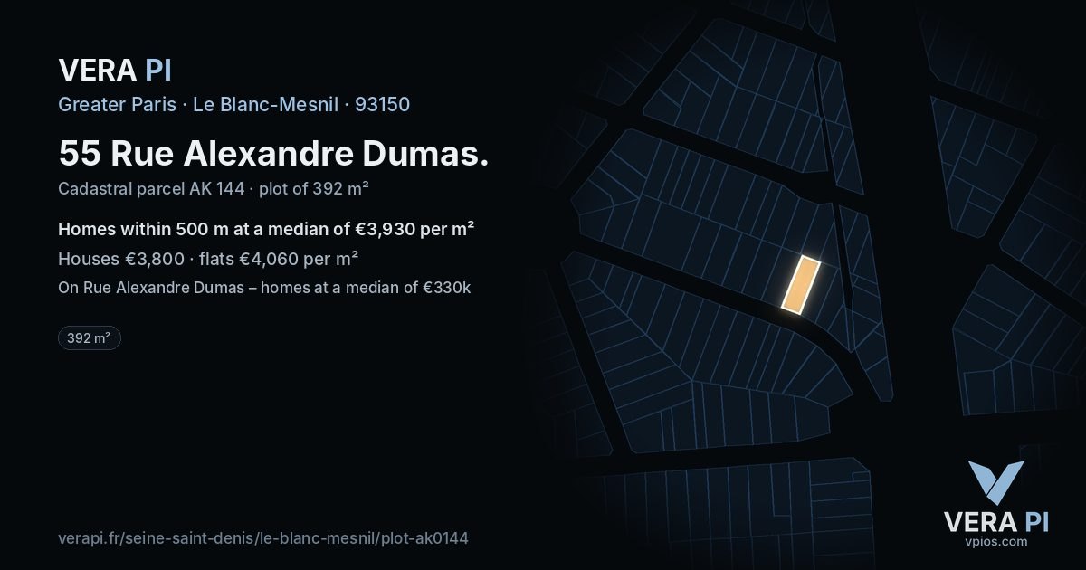 55 Rue Alexandre Dumas, Le Blanc-Mesnil at night – the plot lit, the parcels around coloured by the prices near them