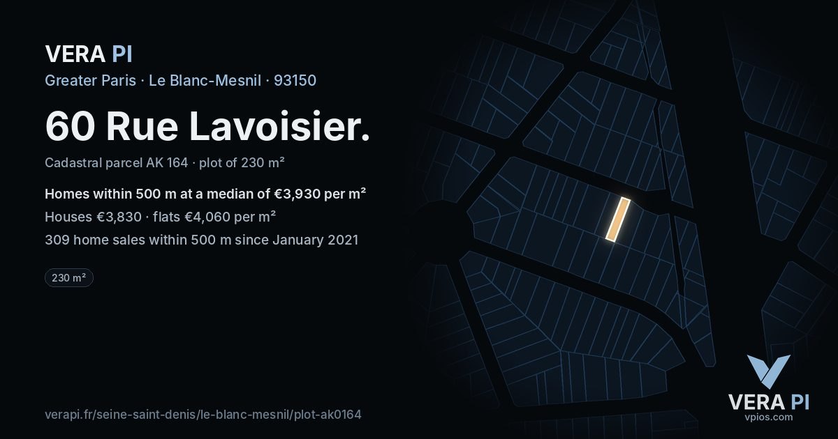 60 Rue Lavoisier, Le Blanc-Mesnil at night – the plot lit, the parcels around coloured by the prices near them